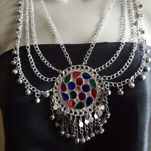 Ethnic Multilayers Bib Necklace, Tribal Silver Bib Necklace, Kuchi Boho Jewelry